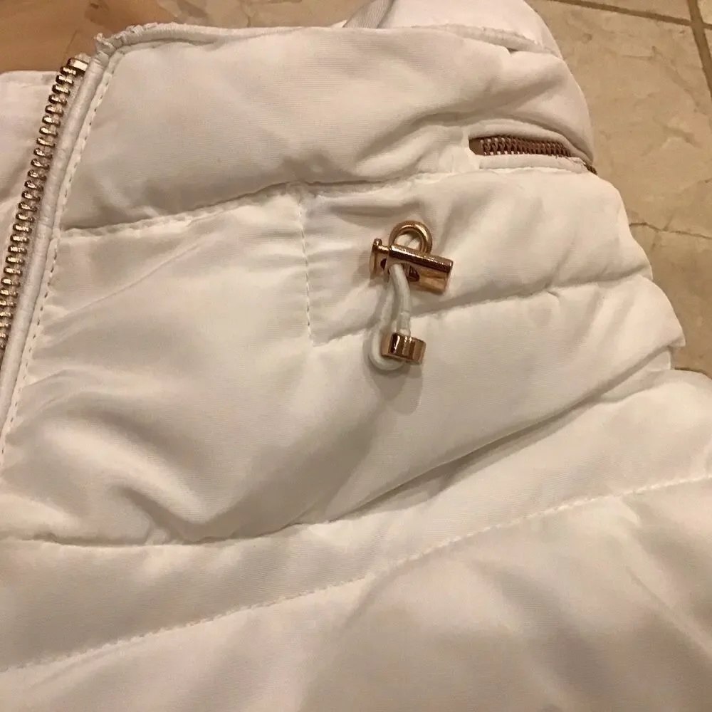 Zara Basic White Winter Coat Full Zip Women Sz M Rose Gold Tone W/Hide Away Hood